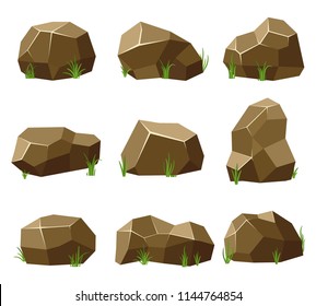 Rocks and stones set with grass on white background. Stones and rocks in isometric 3d flat style. Set different shapes and sized boulders for background natural landscape and game. Vector illustration