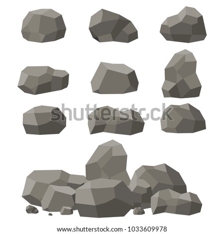 Rocks and stones set, single or piled on white background. Stones and rocks in isometric 3d flat style. Set of different boulders. Vector illustration