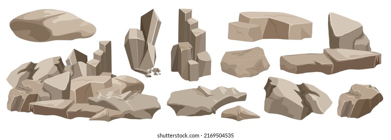 Rocks and stones set vector illustration. Cartoon piles of natural boulders, small and big granite blocks and rough materials, grey solid pebbles and gravel heap, broken cliff isolated on white