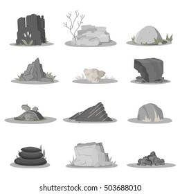 Rocks and stones single or piled for damage and rubble for game art architecture design. boulder vector set