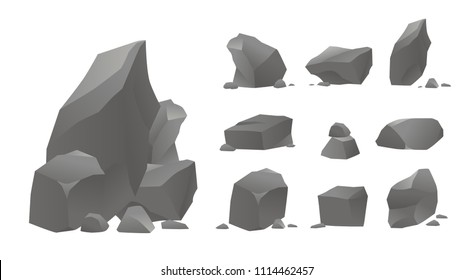 Rocks and Stones Single or Piled Game Art. Set of Different Boulders. Cartoon Style Vector Illustration