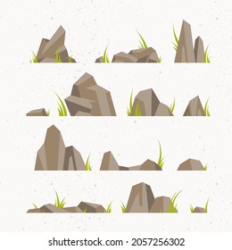 Rocks and stones vector collection. Different isolated boulders for game art, background design, mountains, minerals, geology concepts. Flat style illustration.