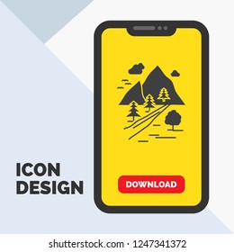rocks, tree, hill, mountain, nature Glyph Icon in Mobile for Download Page. Yellow Background