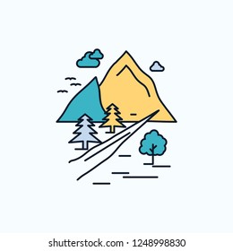 rocks, tree, hill, mountain, nature Flat Icon. green and Yellow sign and symbols for website and Mobile appliation. vector illustration