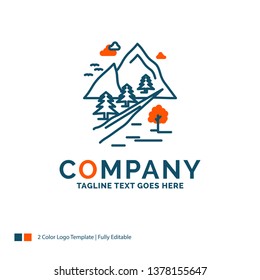rocks, tree, hill, mountain, nature Logo Design. Blue and Orange Brand Name Design. Place for Tagline. Business Logo template.