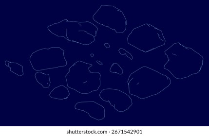 Rocks of various sizes and shapes are scattered across a smooth blue background, creating an abstract and textured composition. The clean contours of each rock stand out against the solid color.