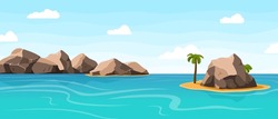 Rocks In Water, Sea With Giant Stones And Sand Island With Palm Tree. Nature Background, Aquatic World. Tropical Beach Vector Scene