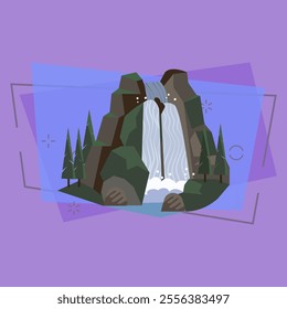 Rocks with waterfall vector illustration. Cliff, scenery, national park. Mountains concept. Vector illustration can be used for topics like nature, landscape, geology