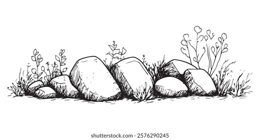 rocks and wild plants hand-drawn black and white illustration