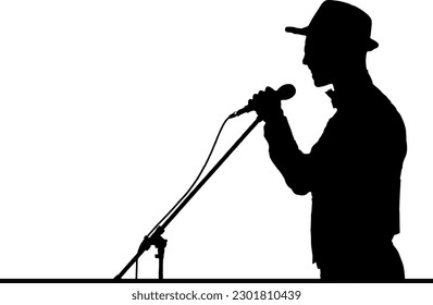 Rockstar Attitude Singer Wearing Fashionable Hat and Holding Mic in Silhouette, Dynamic Rockstar Performance Silhouette of Singer with Stylish Hat and Mic