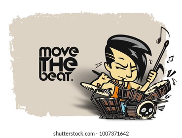 Rockstar Boy playing drum with text move the beat, vector illustration.