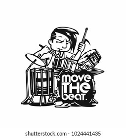 Rockstar Boy playing drum with text move the beat, vector illustration.