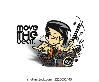 Rockstar Boy playing drum with text move the beat, vector illustration.