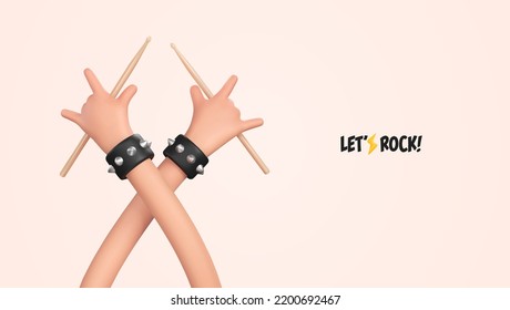 Baterista Rockstar con tambores en sus manos, música vectorial ilustración. 3d caricatura ui manos heroicas signo del cartel musical del festival de rock plantilla de dos manos gesto heavy metal 