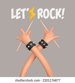 Rockstar Drummer With Horn Sign Drumsticks Music Vector Illustration. 3d Cartoon Ui Hero Rock Or Heavy Metal Hands Sign Music Festival Banner Template 