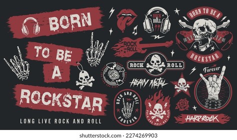 Rockstar fest colorful set emblems with fingers with rocker gesture or skull and guitars for nightclub interior design vector illustration