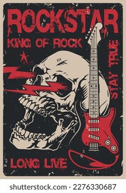 Rockstar festival vintage colorful flyer with skull and electric guitar for solo musicians of rock and roll festivals vector illustration