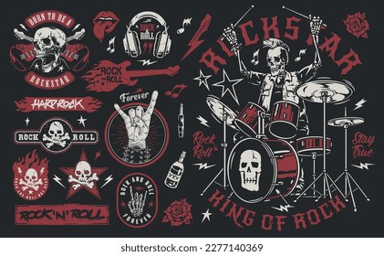 Rockstar forever colorful set logotypes with dead men and musical instruments of rock performers for punk festival vector illustration