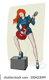 Rockstar girl playing electric guitar. Vector creative illustration