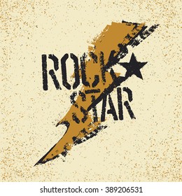 Rockstar. Grunge lettering with thunderbolt symbol. Tee print design template