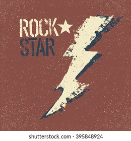 Rockstar. Grunge lettering with thunderbolt symbol. Tee print design template