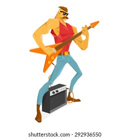Rockstar guitarist with the moustache is playing the guitar.