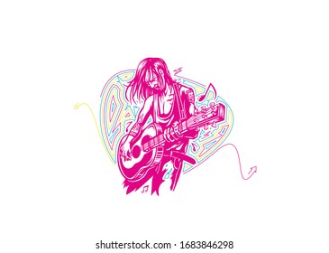 Rockstar guy playing guitar banner, scroll,  sticker, badge, price tag, poster.