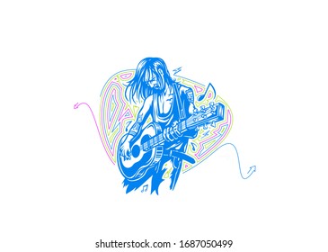 Rockstar guy playing guitar banner, scroll,  sticker, badge, price tag, poster.