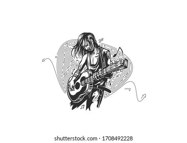 Rockstar guy playing guitar banner, scroll,  sticker, badge, price tag, poster.