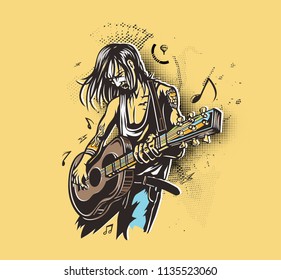 Rockstar guy playing guitar, vector illustration.