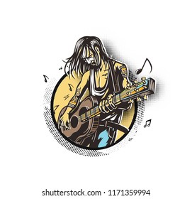Rockstar guy playing guitar, vector illustration.