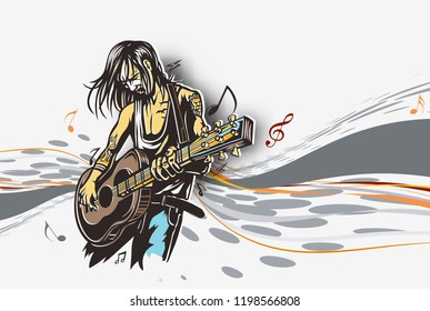 Rockstar guy playing guitar, vector illustration.