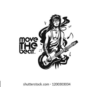 Rockstar guy playing guitar, vector illustration.