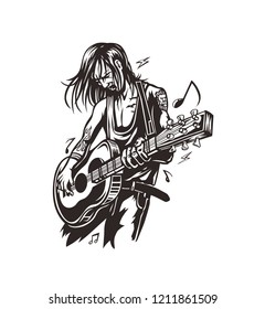 Rockstar guy playing guitar, vector illustration.