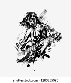 Rockstar guy playing guitar, vector illustration.