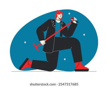 Rockstar holding microphone with passion singing, wearing black jacket and pants, rock n' roll vector illustration.