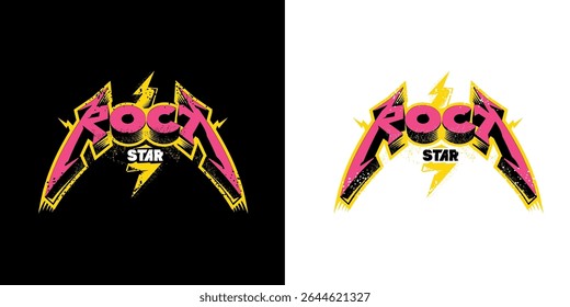 Rockstar Label Design Vector: Bold Pink and Yellow Grunge Text with Lightning Bolts on Black and White Backgrounds, Ideal for Music, Fashion, and Branding. Rock star label ,print and sticker design
