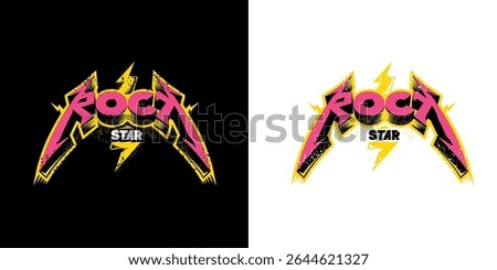 Rockstar Label Design Vector: Bold Pink and Yellow Grunge Text with Lightning Bolts on Black and White Backgrounds, Ideal for Music, Fashion, and Branding. Rock star label ,print and sticker design