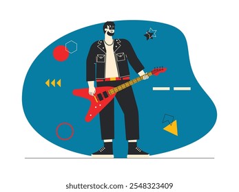 Rockstar with messy and long hair in front bangs, wearing glasses, chain necklace, black leather jacket and pants and red leather belt, rock n' roll vector illustration.