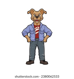 Rockstar Miniature Pinscher Cartoon Character in Denim Jacket and Red Shirt