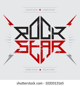 Rockstar - music poster with red lightnings and stars. Rock Star - t-shirt design. T-shirt apparels print with cool lettering.