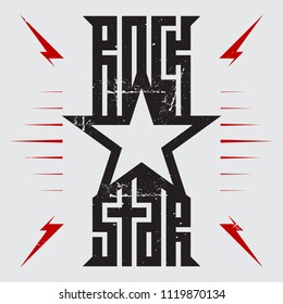 Rockstar - music poster with red lightnings and star. Rock Star - t-shirt design. T-shirt apparels cool print.