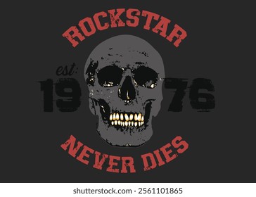 ROCKSTAR NEVER DIES slogan skull and flowers. Vector Illustration of Skull and Flowers. Skull illustration painting with flowers. eps8