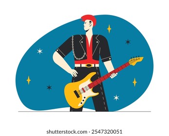 Rockstar with red mohawk hair and skull tattoo on the side of his head, holding an electric guitar, looking cool in a red shirt and black outer with a gold chain, rock n' roll vector illustration.