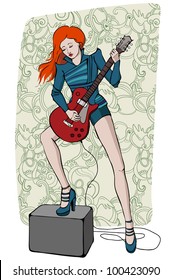 Rockstar redhead girl playing electric guitar. Vector creative illustration