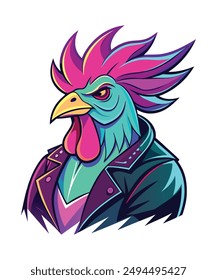 Rockstar rooster, neon anime isolated white background fit on the page
