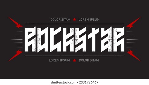 Rockstar - shirt apparels cool print. Music poster, inscription looks like runic script. Rock star - t-shirt design with red lightnings and stars.