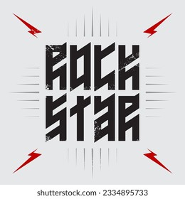 Rockstar - shirt apparels cool print. Music poster, inscription looks like runic script. Rock star - t-shirt design with red lightnings.