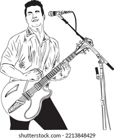 Rockstar Singer Holding Guitar And Singing Images Stock, Singers Holding Guitar And Singing On Microphone Vector Illustration, Sketch Drawing Of Rock Star Celebrity On The Main Stage