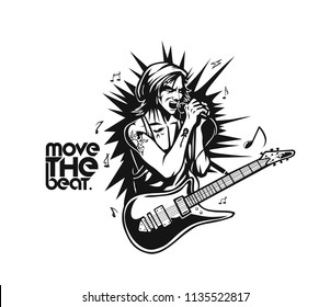 Rockstar singer playing guitar, vector illustration.